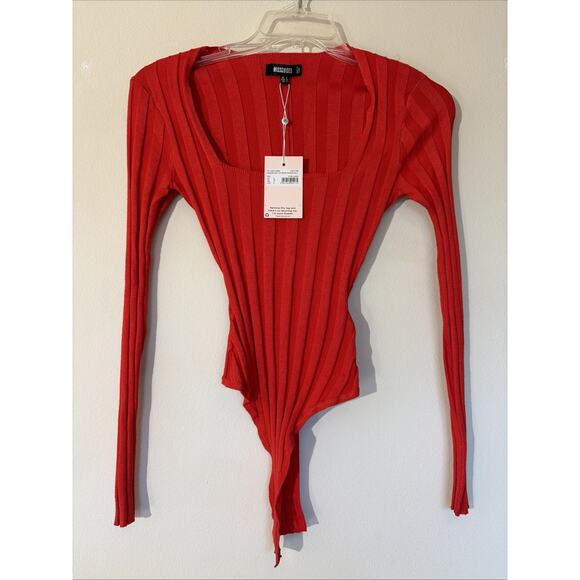 MISSGUIDED Red Square Neck Extreme Ribbed Long Sleeve Bodysuit Womens 4 NEW NWT - Picture 1 of 7